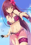  1girl artist_name blue_sky blush breasts clouds eyebrows eyebrows_visible_through_hair fate/grand_order fate_(series) flower hair_flower hair_ornament kaetzchen large_breasts leg_garter long_hair navel purple_hair red_eyes scathach_(fate/grand_order) sky smile solo weapon 