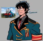  1boy black_hair commentary facial_hair glasses glasses_enthusiast gordon_the_big_engine grey_background male_focus personification red-framed_eyewear short_hair simple_background solo stubble thomas_the_tank_engine uniform upper_body 