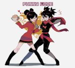  /\/\/\ 1boy 1girl black_hair bowl china_dress chinese_clothes closed_eyes clothes_grab dress english food garu glasses_enthusiast gloves grey_background hair_bun heart ninja noodles pucca pucca_(cartoon) red_gloves simple_background smile 