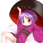  1girl bowl bowl_hat hat japanese_clothes kimono obi purple_hair red_eyes sash short_hair smile solo sukuna_shinmyoumaru touhou uho_(uhoyoshi-o) wide_sleeves 