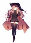  1girl arms_behind_back black_dress black_legwear breasts cape dress hat long_hair lpip original pink_hair short_dress simple_background smile solo thigh-highs white_background witch_hat zettai_ryouiki 