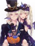  1boy 1girl arm_around_shoulder bandages bat_wings blood blood_on_face blush candy candy_cane choker dangmill fangs fingerless_gloves gloves gothic_lolita halloween halloween_costume hand_on_own_face hat hat_ornament jack-o&#039;-lantern lolita_fashion mini_hat mini_top_hat mini_wings monocle original pink_eyes silver_hair stitches top_hat twintails vampire_costume waistcoat wings 