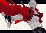  1boy black_gloves coat dante_(devil_may_cry) devil_may_cry devil_may_cry_3 finger_gun fingerless_gloves fingernails gloves grey_eyes grin hair_over_one_eye highres male_focus muscle navel nipples ogata_tomio red_coat shirtless sleeves_rolled_up smile solo teeth white_hair 