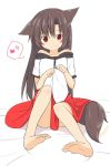 1girl animal_ears barefoot brown_hair dress fang_out frilled_sleeves frills heart highres imaizumi_kagerou kazawa_(tonzura-d) long_hair off_shoulder red_eyes short_sleeves sitting smile solo spoken_heart tail tail_wagging touhou wolf_ears wolf_tail 