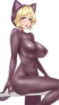  1girl animal_ears blonde_hair blue_eyes blush bodysuit breasts cat_ears cat_tail covered_navel fake_animal_ears fake_tail highres large_breasts looking_at_viewer open_mouth original short_hair simple_background smile solo tail tori_kaku white_background 