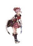  1girl black_legwear brown_eyes elbow_gloves frilled_skirt frills full_body gloves granblue_fantasy hair_bun hair_ornament looking_at_viewer minaba_hideo open_mouth puffy_sleeves purple_hair ribbon shoes simple_background skirt smile solo standing white_background 