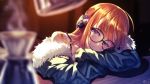  1girl bangs bare_shoulders black-framed_eyewear blurry_background fur-trimmed_coat fur_trim glasses head_down head_rest head_tilt headphones highres long_sleeves looking_at_viewer matsuryuu off_shoulder orange_hair persona persona_5 pov_across_table sakura_futaba sleeves_past_wrists smile solo spaghetti_strap steam upper_body violet_eyes 