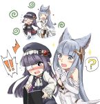  ! !! /\/\/\ 2girls :d ? animal_ears black_hair black_legwear blue_hair blush boots chasing chibi dress elbow_gloves embarrassed erun_(granblue_fantasy) eyebrows eyebrows_visible_through_hair eyepatch gloves granblue_fantasy harbin highres holding iwanya korwa long_hair looking_at_another lunaru_(granblue_fantasy) mismatched_legwear mole mole_under_eye multiple_girls multiple_views nose_blush open_mouth outstretched_arms pen pointy_ears running sketchbook sleeveless sleeveless_dress sleeves_past_wrists smile spoken_exclamation_mark spoken_question_mark strapless strapless_dress surprised sweat sweatdrop swirls thigh-highs thigh_boots very_long_hair violet_eyes white_background white_dress 