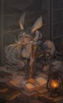  all_fours animal_ears ass book bookshelf breasts chenkiyui cleavage final_fantasy final_fantasy_xii fran highres lantern looking_at_viewer paper rabbit_ears silver_hair 