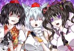  3girls animal_ears aura black_hair camera cellphone closed_eyes fang hands_up hat himekaidou_hatate inubashiri_momiji kabaji long_hair looking_at_another multiple_girls neck_ribbon necktie open_mouth phone red_eyes ribbon shameimaru_aya short_hair silver_hair sweatdrop tokin_hat touhou twintails upper_body violet_eyes wolf_ears 