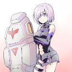  1girl armor bare_shoulders breasts elbow_gloves fate/grand_order fate_(series) gloves gradient gradient_background gundam gundam_0083 gundam_gp-02_physalis hair_over_one_eye highres holding_shield ishiyumi navel navel_cutout purple_hair shield shielder_(fate/grand_order) short_hair solo violet_eyes 