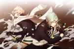  2boys belt blonde_hair fangs fighting_stance green_hair higekiri_(touken_ranbu) highres hizamaru_(touken_ranbu) jacket_on_shoulders kitanorth8 male_focus multiple_boys open_mouth sheath touken_ranbu unsheathing 