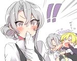 !! &gt;:d &gt;_&lt; 2girls :d asymmetrical_hair blush cape closed_eyes covering_mouth fang glomp gloves grey_eyes hug kantai_collection maikaze_(kantai_collection) multiple_girls nowaki_(kantai_collection) open_mouth silver_hair smile takeshima_(nia) white_background 