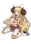  1girl absurdres ahoge anila_(granblue_fantasy) ato_(haru_ato) bangs bare_arms black_skirt blonde_hair blunt_bangs blush breasts cleavage doraf eyebrows eyebrows_visible_through_hair granblue_fantasy highres horns large_breasts long_hair miniskirt pleated_skirt sailor_collar sheep sheep_horns simple_background skirt solo strapless thick_eyebrows thigh-highs tubetop very_long_hair white_background white_legwear yellow_eyes 