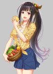  1girl :d apple basket bell_pepper black_hair breasts cabbage cleavage eggplant food fruit gamerag hair_ornament hairclip highres long_hair looking_at_viewer open_mouth original pepper ponytail shirt skirt smile solo tied_shirt tomato very_long_hair violet_eyes 