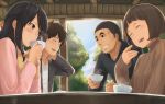  2boys 2girls ^_^ bangs black_eyes black_hair blush breasts brown_hair cardigan clenched_hand closed_eyes clouds collarbone cup day from_side grin half_updo hand_on_own_neck happy highres holding holding_cup hood hood_down hoodie indoors jacket kimi_no_na_wa long_hair long_sleeves looking_at_another looking_to_the_side miyamizu_mitsuha mole mole_under_eye multiple_boys multiple_girls natori_sayaka older open_clothes open_jacket ranma_(kamenrideroz) red_ribbon ribbed_sweater ribbon short_hair sky small_breasts smile spoilers steam sweat sweater swept_bangs table tachibana_taki teacup teshigawara_katsuhiko tree turtleneck upper_body v-neck 