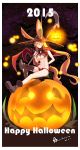  1girl animal_ears arm_behind_back bat boots breasts cleavage dated fang_out gamerag halloween hat highres holding holding_weapon jack-o&#039;-lantern long_hair looking_at_viewer looking_up navel night orange_hair original pink_eyes scythe single_thighhigh sitting sky smile solo star_(sky) starry_sky thigh-highs torn_clothes torn_thighhighs twintails under_boob very_long_hair weapon witch_hat 