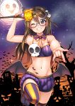  1girl \m/ bat bat_wings breasts cleavage full_moon glasses grin hair_ornament halloween highres jack-o&#039;-lantern jakelian moon navel night night_sky one_eye_closed original pumpkin shorts skull_hair_ornament sky smile striped striped_legwear tattoo thigh-highs vertical-striped_legwear vertical_stripes wand wings 