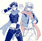  2boys abs caesar_anthonio_zeppeli copyright_name crop_top crossed_arms facial_mark fingerless_gloves frown gloves grin groin haruko_(chikadoh) headband jacket jojo_no_kimyou_na_bouken joseph_joestar_(young) limited_palette male_focus midriff multiple_boys navel pose scarf smile striped striped_scarf sweatdrop winged_hair_ornament 