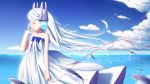  1girl bare_shoulders closed_eyes clouds dress flying_fish from_side headgear highres ji_dao_ji le_fantasque_(zhan_jian_shao_nyu) long_hair ocean red_string solo strapless strapless_dress string tube_dress very_long_hair white_hair wind zhan_jian_shao_nyu 