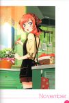  1girl absurdres apple blush flower flower_pot food fruit hair_ornament hairclip head_scarf highres kitchen ladle looking_at_viewer looking_back love_live! love_live!_school_idol_festival love_live!_school_idol_project nishikino_maki redhead ribbon scan short_hair skirt sleeves_rolled_up solo violet_eyes 
