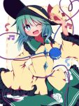  1girl ;d black_hat commentary_request cowboy_shot eyeball floral_print frilled_shirt_collar frilled_sleeves frills green_eyes green_hair green_skirt hat hat_ribbon heart heart_of_string komeiji_koishi long_sleeves looking_at_viewer musical_note one_eye_closed open_mouth petticoat ribbon shirt skirt sleeves_past_wrists smile solo third_eye touhou wide_sleeves yellow_ribbon yellow_shirt you_(noanoamoemoe) 