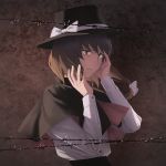  1girl amino_(tn7135) ascot barbed_wire black_hair bow brown_eyes brown_hair capelet commentary_request fedora gradient_hair hat hat_bow high-waist_skirt highres long_sleeves looking_away multicolored_hair parted_lips shirt short_hair solo touhou upper_body usami_renko white_bow white_shirt 