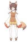  1girl animal_ears blush brown_hair detached_sleeves fox_ears fox_tail full_body geta glasses green_eyes highres japanese_clothes long_sleeves looking_at_viewer original ribbon-trimmed_sleeves ribbon_trim shone short_hair simple_background sketch smile solo tail thigh-highs white_background white_legwear 