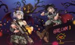  2girls bare_tree bat_wings belt black_legwear blush boots camouflage camouflage_shorts camouflage_skirt cape combat_boots copyright_name demon_girl demon_tail detached_sleeves facial_mark green_eyes gun halloween hand_on_headwear handgun hat highres horns house jack-o&#039;-lantern light_particles load_bearing_vest long_hair looking_at_viewer looking_down midriff military military_uniform multiple_girls night original pantyhose pantyhose_under_shorts pistol ribbon-trimmed_skirt rifle scope short_hair short_twintails shorts sidelocks silver_hair sitting skirt sky sling smile sniper_rifle star tail tantu_(tc1995) thigh-highs tree trigger_discipline twintails uniform weapon wings witch witch_hat yellow_eyes 