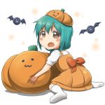  1girl :3 bat blue_hair bow dokka_no_kuni_no_kokuou dress furutani_kaede halloween hat looking_back open_mouth orange_dress pumpkin sitting socks solo wariza white_legwear yuru_yuri 