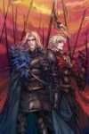  2boys adapted_costume armor blonde_hair blue_eyes cape dual_persona fate/apocrypha fate/extra fate_(series) gauntlets hideki lancer_(fate/extra) lancer_of_black looking_at_viewer male_focus multiple_boys red_eyes side_glance white_hair 