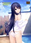  1girl 2015 :d absurdres artist_name ass bangs bare_shoulders bikini blue_sky clouds coffee-kizoku day dengeki_moeou eyebrows eyebrows_visible_through_hair fence from_behind highres long_hair long_sleeves looking_at_viewer looking_back no_pants off_shoulder open_clothes open_mouth open_shirt original outdoors plant pool poolside potted_plant purple_hair scan shiramine_rika shirt side-tie_bikini sidelocks sky smile solo standing sunlight swimsuit thighs translation_request very_long_hair violet_eyes water white_bikini white_shirt white_swimsuit wooden_fence 