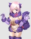  1girl animal_ears black_panties blush breasts cowboy_shot elbow_gloves eyes_visible_through_hair fate/grand_order fate_(series) fur-trimmed_gloves fur-trimmed_legwear fur_trim gloves hair_over_one_eye halloween_costume large_breasts navel o-ring o-ring_top open_mouth panties purple_hair revealing_clothes sen_(77nuvola) shielder_(fate/grand_order) short_hair solo standing tail thigh-highs underwear violet_eyes wolf_ears wolf_tail 