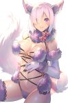  1girl aguy alternate_costume animal_costume animal_ears bare_shoulders blush bow breasts claws cleavage elbow_gloves eyes_visible_through_hair fate/grand_order fate_(series) fur-trimmed_gloves fur-trimmed_legwear fur_trim gloves hair_over_one_eye halloween_costume lace lips looking_at_viewer medium_breasts purple_gloves purple_hair purple_legwear revision shielder_(fate/grand_order) shiny shiny_skin sidelocks simple_background smile solo tail thigh-highs violet_eyes white_background wolf_costume wolf_ears wolf_tail 