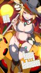  1girl 2016 :d animal_ears black_gloves black_legwear blonde_hair breasts cleavage gamerag gloves halloween hat highres holding jack-o&#039;-lantern looking_at_viewer open_mouth original short_hair sitting smile solo teeth thigh-highs torn_clothes torn_thighhighs violet_eyes witch_hat 