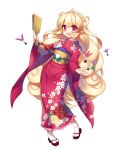  1girl artist_request ball blonde_hair character_request curly_hair floral_print full_body furisode highres holding japanese_clothes kimono long_hair long_sleeves looking_at_viewer obi official_art open_mouth paddle pigeon-toed platform_footwear pointy_ears red_eyes sandals sash simple_background single_horn solo tabi table_tennis_ball table_tennis_paddle very_long_hair white_background wide_sleeves youkai_hyakki-tan! 