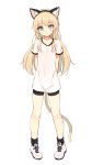  1girl animal_ears bike_shorts black_legwear blonde_hair blush cat_ears cat_tail collarbone fake_animal_ears highres long_hair looking_at_viewer original shirt shoes shone short_sleeves simple_background sketch smile sneakers socks solo t-shirt tail white_background 