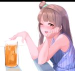  1girl arm_support brown_eyes brown_hair cup drinking_glass ginopi highres long_hair looking_at_viewer love_live! love_live!_school_idol_project minami_kotori one_eye_closed one_side_up open_mouth smile solo 