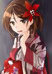  1girl against_wall alternate_costume alternate_hairstyle amagi_(kantai_collection) breasts brown_eyes brown_hair colored_eyelashes flower folded_ponytail hair_between_eyes hair_flower hair_grab hair_ornament highres holding_bag japanese_clothes kantai_collection kimono leaf_print long_hair looking_at_viewer medium_breasts mole mole_under_eye open_mouth revision solo upper_body wide_sleeves yuna_(yukiyuna) 
