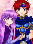  1boy 1girl 74 armor blue_dress blue_eyes blush cape cloak couple dress fire_emblem fire_emblem:_fuuin_no_tsurugi gloves headband holding_hands long_hair open_mouth pink_background purple_hair redhead roy_(fire_emblem) smile sofiya solo very_long_hair violet_eyes 