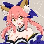  1girl animal_ears breasts cleavage detached_sleeves fate/extra fate/grand_order fate_(series) fox_ears grey_background hair_ribbon japanese_clothes large_breasts looking_at_viewer nanashiba open_mouth pink_hair ribbon simple_background solo tamamo_(fate)_(all) tamamo_no_mae_(fate) yellow_eyes 