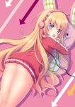  1girl ass bangs blonde_hair blue_eyes blush candy covering_mouth directional_arrow eyebrows_visible_through_hair food from_above from_behind gabriel_dropout headphones holding holding_food jacket leg_up lollipop long_hair looking_at_viewer looking_back lying naked_track_jacket niki_(aroma_terrace) no_panties on_stomach pink_background shadow silhouette solo star star_print stuffed_animal stuffed_bunny stuffed_toy tenma_gabriel_white thighs track_jacket very_long_hair 