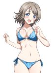  1girl bikini blue_bikini blue_eyes blush bouncing_breasts breasts brown_hair commentary_request highres looking_at_viewer love_live! love_live!_sunshine!! navel rozen5 short_hair side-tie_bikini simple_background solo striped swimsuit vertical-striped_bikini vertical_stripes watanabe_you white_background 