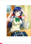  1girl absurdres bag blue_hair bow bowtie chair green_eyes highres long_hair looking_at_viewer love_live! love_live!_school_idol_festival love_live!_school_idol_project ribbon scan school_bag school_uniform short_sleeves sitting smile table toujou_nozomi vest 