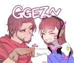  1boy 1girl artist_name beard bodysuit brown_eyes brown_gloves brown_hair bunny_print cape closed_eyes d.va_(overwatch) eyebrows eyebrows_visible_through_hair facepaint facial_hair facial_mark fang fist_bump gloves grin headphones high_collar long_hair mccree_(overwatch) overwatch panza pauldrons pilot_suit red_cape ribbed_bodysuit short_hair shoulder_pads simple_background smile whisker_markings white_background white_gloves 