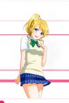  1girl absurdres ayase_eli blonde_hair blue_eyes blush bow bowtie hand_on_own_chest highres looking_at_viewer love_live! love_live!_school_idol_festival love_live!_school_idol_project open_mouth pleated_skirt ribbon scan school_uniform simple_background skirt smile solo vest 