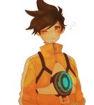  1girl alternate_costume blush brown_eyes brown_hair closed_mouth freckles harness high_collar jacket long_sleeves looking_at_viewer one_eye_closed orange_jacket overwatch perio_67 short_hair simple_background solo spiky_hair strap tracer_(overwatch) upper_body white_background zipper 