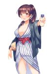  1girl blush bottle breasts brown_eyes brown_hair cleavage commentary_request highres japanese_clothes kimono large_breasts long_hair looking_at_viewer milk milk_bottle onsen open_mouth original ponytail smile solo suiheisen yukata 
