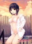  1girl 2016 :d absurdres bangs bare_legs bare_shoulders bikini black_hair blush breasts brown_eyes buttons cleavage clouds coffee-kizoku collarbone cowboy_shot evening eyebrows eyebrows_visible_through_hair fence highres leg_up long_sleeves looking_at_viewer medium_breasts navel off_shoulder open_clothes open_mouth open_shirt orange_sky outdoors scan shirt sky smile solo standing standing_on_one_leg stomach swimsuit tareme thighs translation_request unbuttoned unbuttoned_shirt white_bikini wooden_fence wooden_floor 