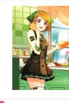  1girl absurdres apron brown_hair curry curry_rice detached_sleeves flower food food_on_face hair_ornament hairclip head_scarf highres kitchen koizumi_hanayo love_live! love_live!_school_idol_festival love_live!_school_idol_project open_mouth pleated_skirt ribbon rice rice_bowl rice_on_face rice_spoon short_hair short_sleeves skirt solo thigh-highs violet_eyes white_legwear window zettai_ryouiki 